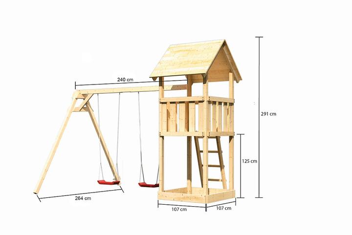 Produktbild Akubi Karibu Kinderspielturm "Lotti" SET aus nordischer Fichte, naturbelassen mit Schaukelanbau Doppel