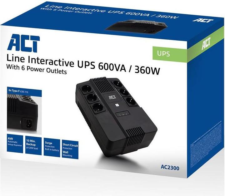 Produktbild UPS, 600 VA, 6x Type F outlet, 1x IEC C14 input, 230V, AVR (600 VA, 360 W, Line-Interaktiv USV)