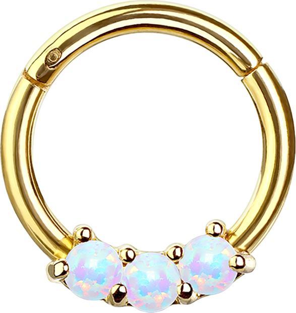 Star Piercing Micro Segmentring klappbar vergoldet drei Opal Kugeln weiss (Chirurgenstahl 316L)