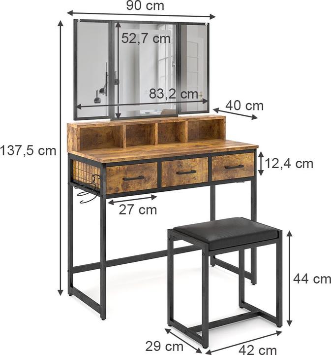 Actual product image Vichy Dressing table Fyrk, Rustic oak, 90 cm with stool and LED mirror
