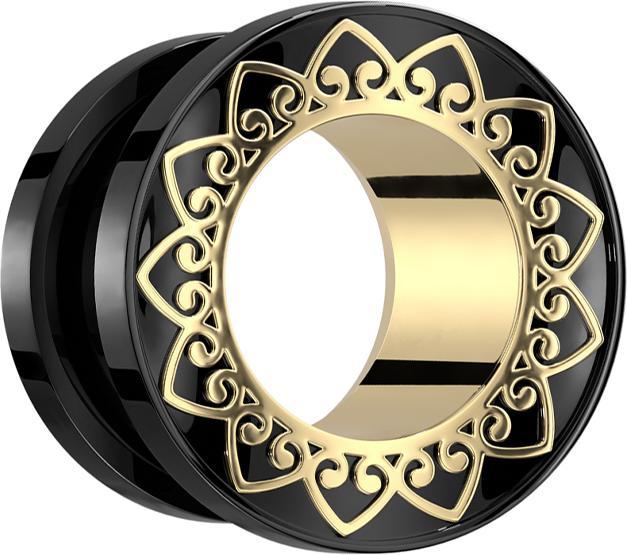 Produktbild Star Piercing Flesh Tunnel schwarz goldenem Innenteil und Herzen (Chirurgenstahl 316L)