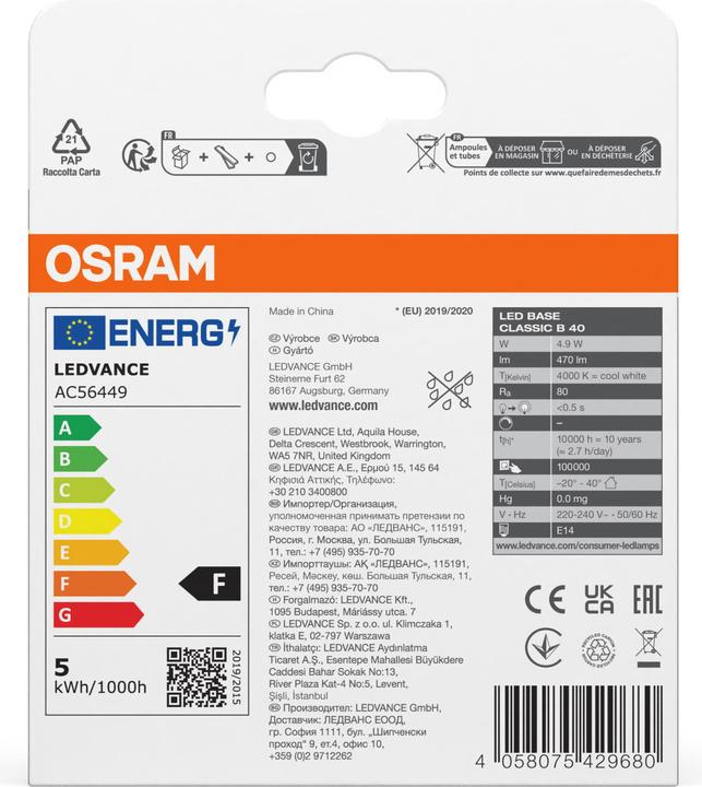 Etichetta energetica Osram Base Led Classic B (E14, 4.90 W, 470 lm, 10 x, F)
