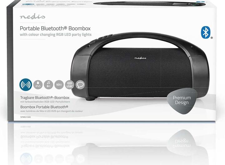 Actual product image Nedis Bluetooth® Party Boombox 6 hrs 2.0 50 W Media Playback: AUX/USB IPX5 Linkable Carrying Handle (6 h, Rechargeable battery operated)