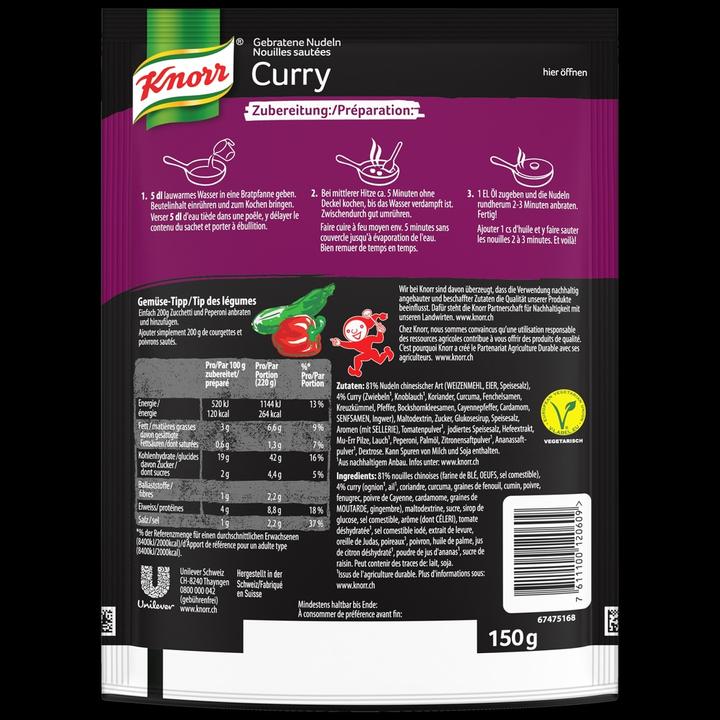Produktbild Knorr Asia Gebratene Nudeln Curry Beutel, Asiatische Noodles knusprig und fein (160 g)