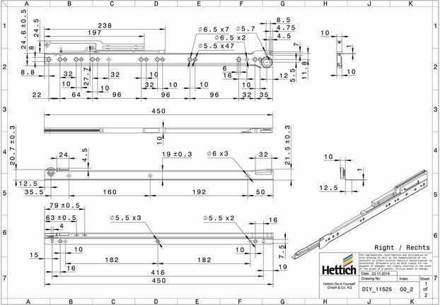 Produktbild Hettich Schubladenschiene Teilauszug Rollschubführung mit integrierter Dämpfung 450 mm weiss 2 Stück