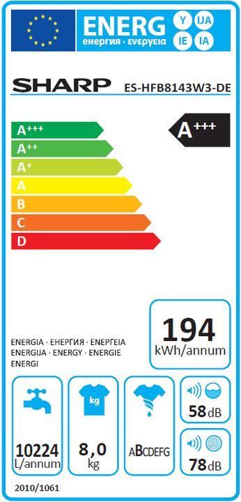 Energy Label Sharp ES-HFB8143W3 (8 kg, Left)