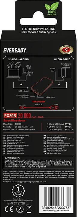 Produktbild Eveready PX20B - Powerbank 20000 mAh 2x USB-A (Schwarz) (20000 mAh, 74000 Wh)