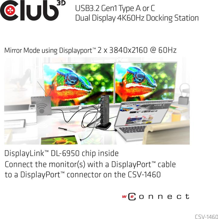 Produktbild Club 3D Dual Display Docking Station 4K60Hz (USB-B, 6 Ports)