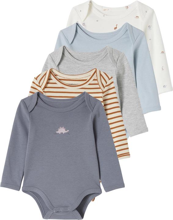 Vertbaudet 5er-Pack Baby Langarm-Bodys mit Dinos in Schlupfform, Bio-Baumwolle