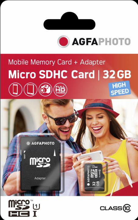 Actual product image AGFAPHOTO MicroSDHC UHS-I 32GB High Speed Class 10 U1 + Adapter (32 GB, microSDHC, U1, UHS-I)