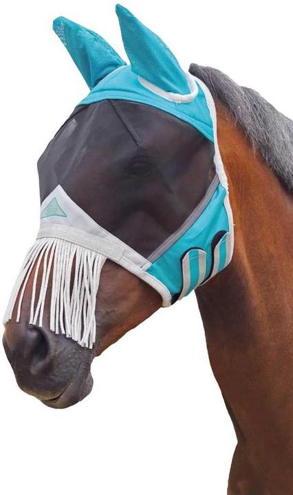 Immagine prodotto Shires Maschera da mosca per cavalli con orecchie e frange sul naso Materiale a maglia fine