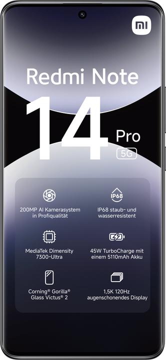 Productafbeelding Xiaomi Redmi Note 14 Pro 5G (256 GB, Middernachtelijk zwart, 6.67", Dubbele SIM, 200 Mpx, 5G)
