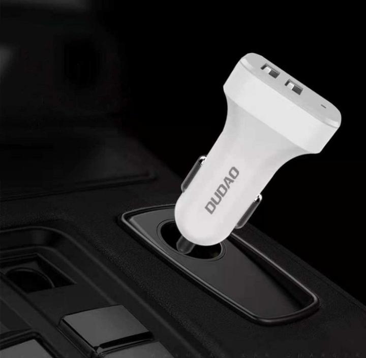 Image du produit Dudao car kit charger 2x USB 2.4A + cable USB 3in1 Lightning / Type C / micro USB cable white (R7 wh