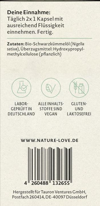 Nährwerte und Zutaten Nature Love Schwarzkümmelöl (120 Stück, Kapseln, 71 g)
