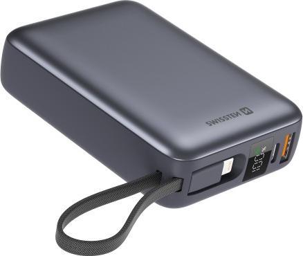 Swissten Power Bank 20000 Mah with Built-In Cables USB-C and Lightning Space Silver (20000 mAh, 22.50 W, 22.50 Wh)