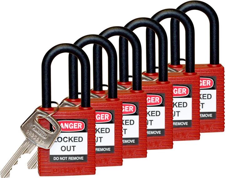 Immagine prodotto Brady Lucchetto di sicurezza in nylon con grillo in nylon, rosso, altezza grillo 38 mm, diametro grillo