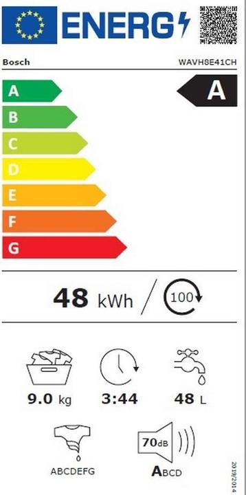 Energie-Label Bosch Hausgeräte HomeProfessional WAVH8E41CH (9 kg, Links, CH-Stecker)