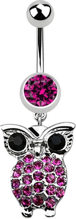 Produktbild Star Piercing Banane silber mit Anhänger Eule und grossen Augen fuchsia (Chirurgenstahl 316L, ohne Messing)