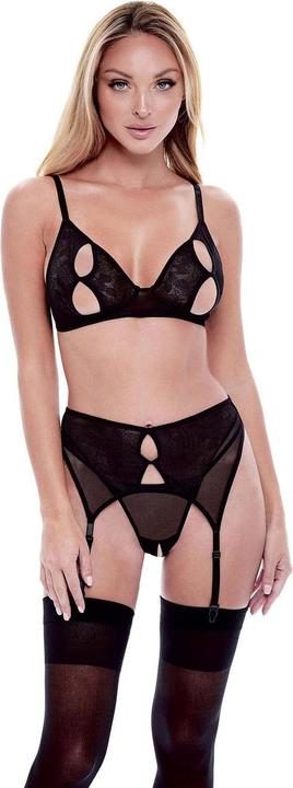 Produktbild Baci XGEN 3Pc Eco Peek-A-Boo Bra, Garter & Panty Set - Flirtatious Black Lace Lingerie Set - Size S/M (UK (S/M)