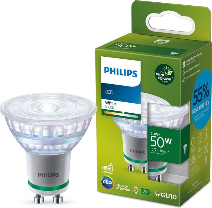 Productafbeelding Philips Klassieke ultra-efficiënte LED lamp met energie-efficiëntieklasse A, vervangt 50W, GU10 voet, wit (GU10, 2.10 W, 375 lm, 1 x, A)