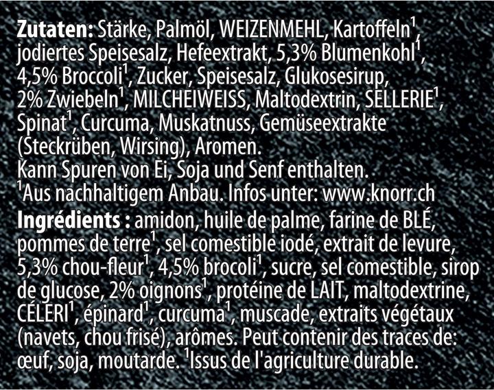 Valori nutrizionali e ingredienti Knorr Suprême zuppa di broccoli con cavolfiore e patate, bustina Zuppa extra cremosa, pasto pronto