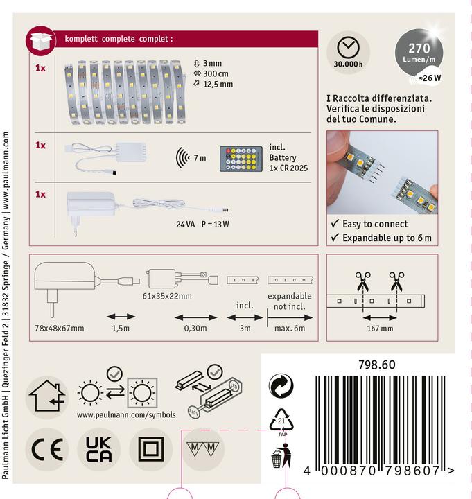 Immagine prodotto Paulmann Set di strisce MaxLED 250 (Bianco caldo, Luce del giorno, Bianco neutro, 300 cm, Interno)