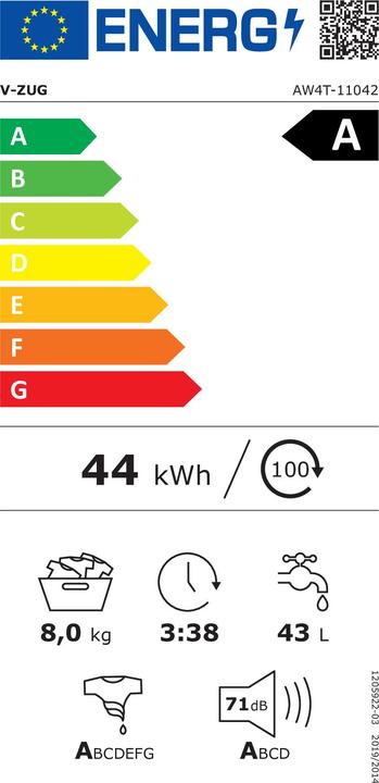 Label énergétique V-Zug AdoraLavage V4000 (8 kg, Gauche)