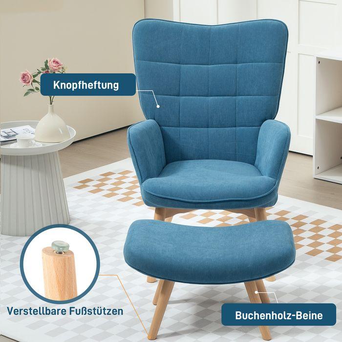 Image du produit Swisshandel24 Sessel mit Hocker, Ohrensessel mit Hoher Rückenlehne, Holzbeine, Cord, Blau