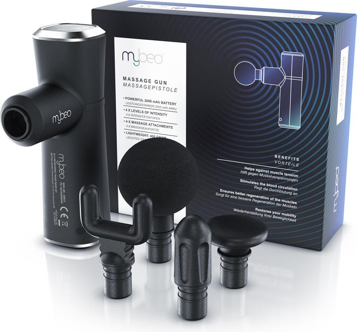 Immagine prodotto Mybeo Pistola per massaggi per collo, spalle, schiena, 4 teste, 4 velocità, rotazione 3D, elettrica