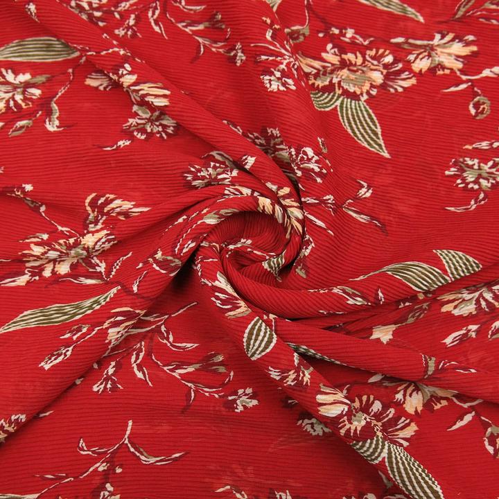 Image du produit Stoffrestposten Mousseline de soie plissée - Jolies fleurs sur fond rouge - vente minimale : 1 mètre