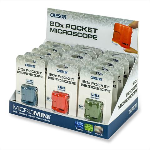 Produktbild Carson Taschenmikroskop MicroMini 20x mit UV und LED, 15 Stück Display