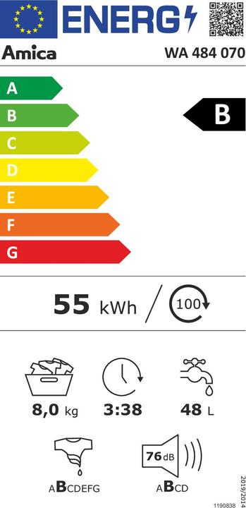 Etichetta energetica Amica Lavatrice WA 484 070 Capacità 8 kg 1400 giri/min. (8 kg, A sinistra)