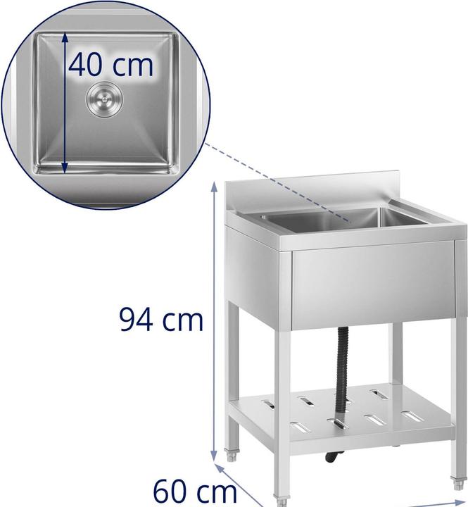 Actual product image Royal Catering Commercial Kitchen Sink - 1 basin - stainless steel - 40 x 40 x 25.5 cm (60 cm, 60 cm)