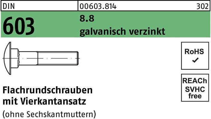 Produktbild Flachrundschraube DIN 603 m.Vierkantansatz M 10 x 90 8.8 galvanisch verzinkt (100 Schrauben pro Stück)