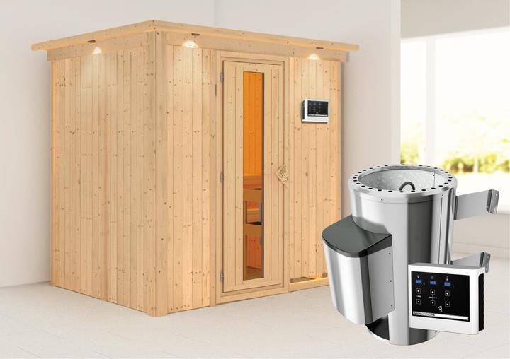 Actual product image Karibu Sauna Benin front entry, wreath (Plug & Play 3.6 KW external control)