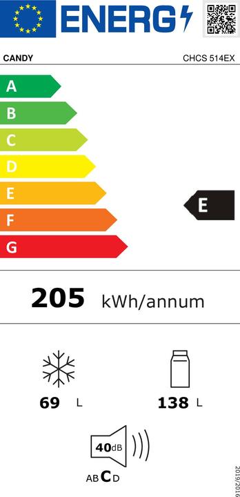 Energie-Label Candy CHCS 514EX Kühlschrank mit Gefrierfach Freie Aufstellung 207 L E Edelstahl (207 l)