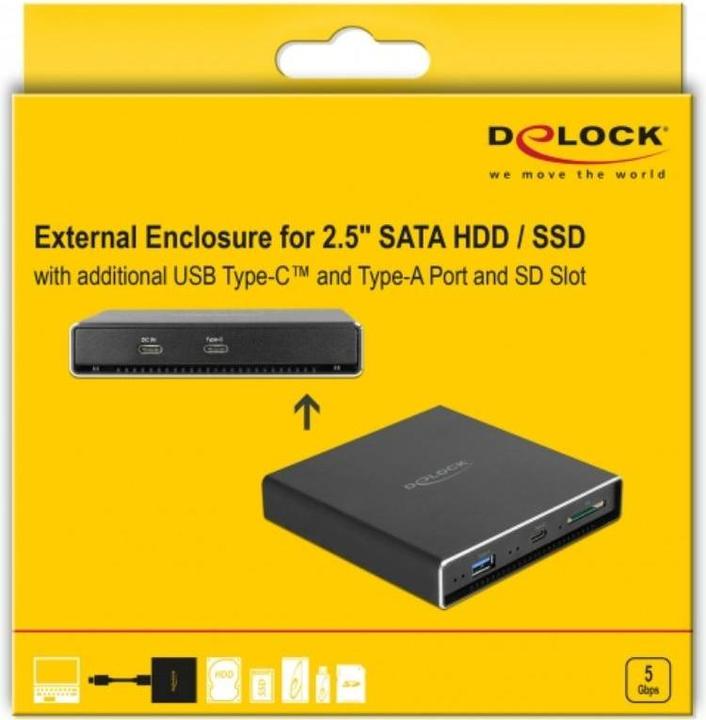 Actual product image Delock External Enclosure for 2.5" SATA HDD / SSD with additional USB Type-C and Type-A Port and SD Slot (2.5")