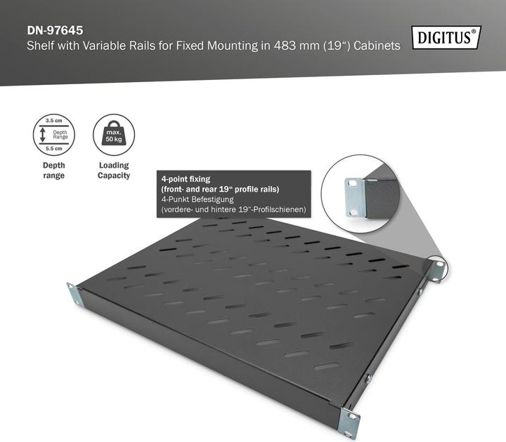 Image du produit Digitus Tablette 1U pour armoire réseau 48,3cm 19 pouces RAL9005 noir pour armoire de 600mm de...