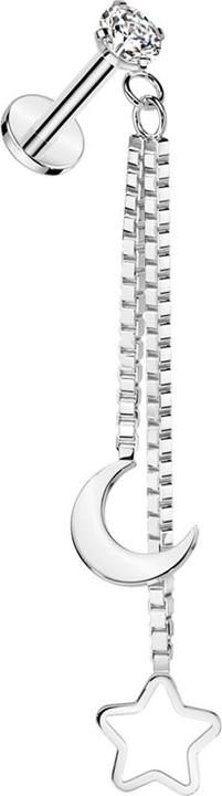 Produktbild Star Piercing Micro Labret Innengewinde silber Kristall silber gefasst Anhänger Kette Mond und Stern (Chirurgenstahl 316L, ohne Messing)