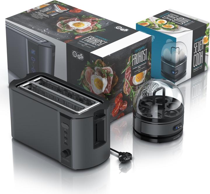 Actual product image Arendo Breakfast set, 4 slice long slot toaster with bread roll top & egg boiler for 7 eggs, grey