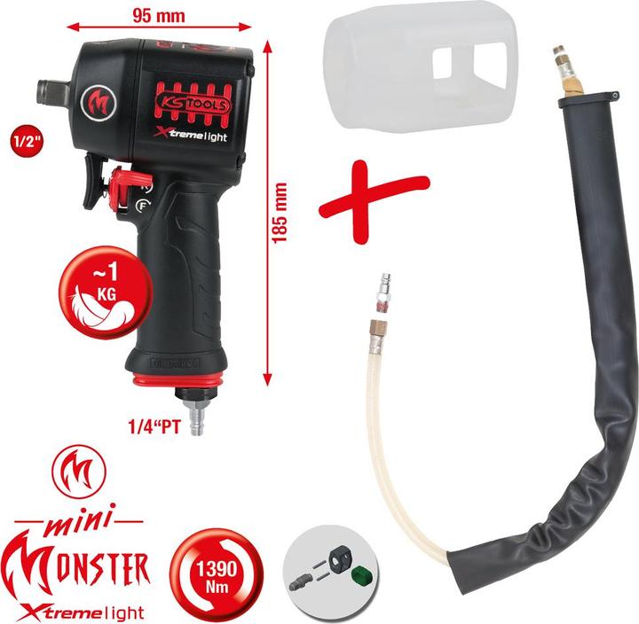 Actual product image KS Tools 1/2" miniMONSTER Xtremelight High Performance Pneumatic Impact Wrench 1.390 Nm with Protective Co... (Air blast)