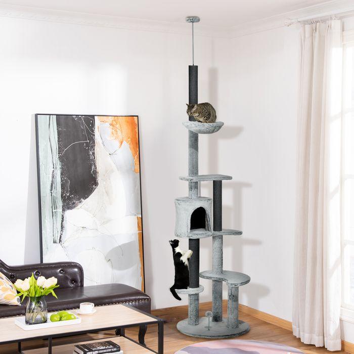 Image du produit Swisshandel24 Griffoir haut de plafond, 225-255 cm avec grotte pour chat, griffoirs, panier, balle de jeu, gris (255 cm, Gris)