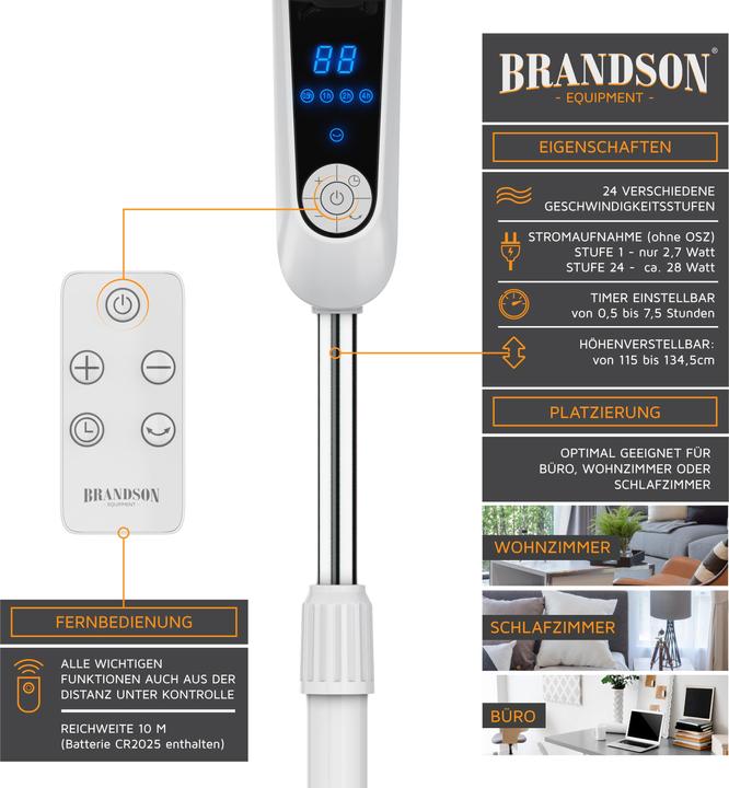 Actual product image Brandson Pedestal fan 45.5cm Ø, DC, quiet, remote control, energy-saving, oscillation, 25 speeds, white (60 dB)