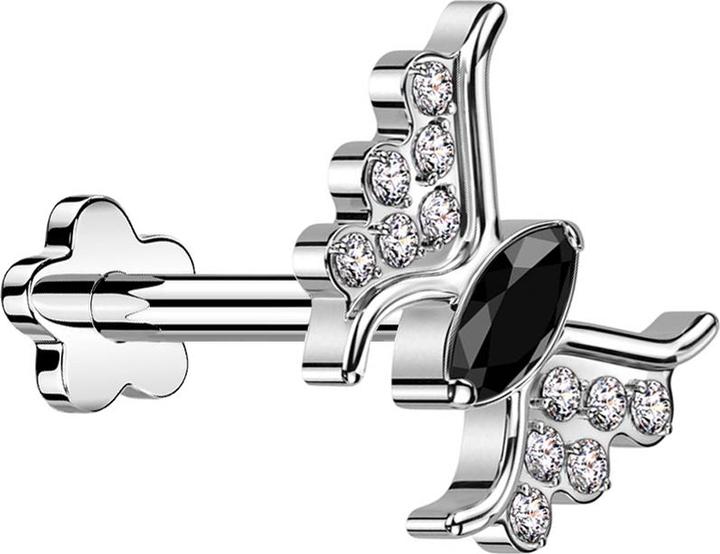 Produktbild Star Piercing Micro Threadless Labret Blume silber Schmetterling silber Kristall schwarz (Titan G23, ohne Messing)