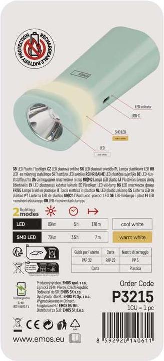 Image du produit Emos Wiederaufladbare LED-Taschenlampe, 80 lm, 800 mAh (4.30 cm, 80 lm)