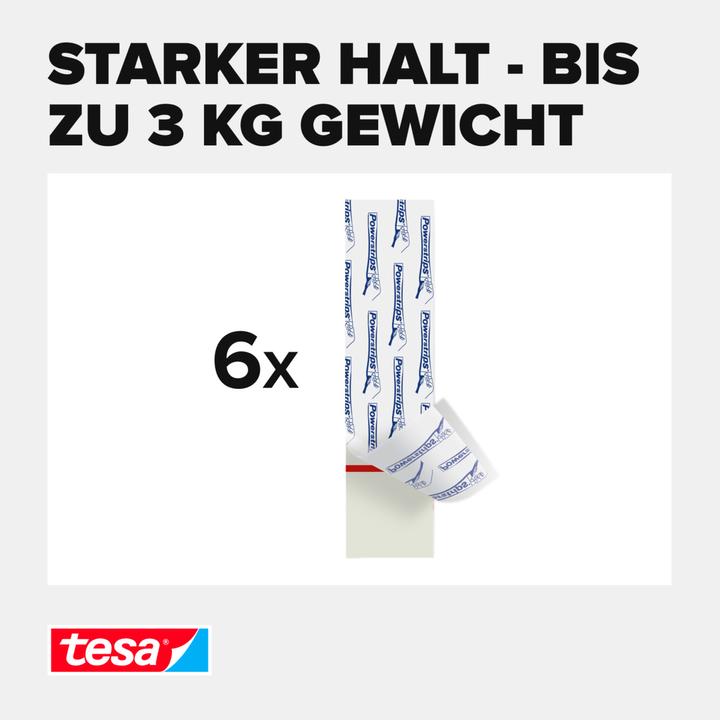 Image du produit tesa Powerstrips pour le carrelage et le métal, capacité de fixation de 3 kg, 6 bandes adhésives double