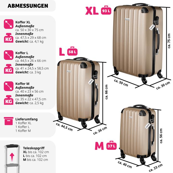 Produktbild tectake 3er Kofferset Talia mit Kofferwaage und Kofferanhänger (93 l, L (90 - 115l))