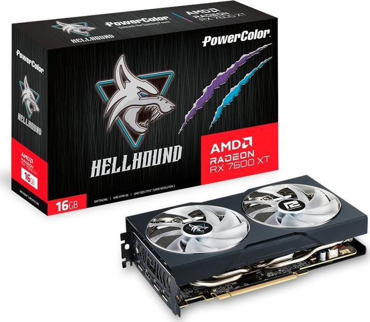 Actual product image Powercolor Radeon RX 7600 XT Hellhound 16GB OC (RDNA 3, GDDR6, 3x DisplayPort, 1x HDMI 2.1) (16 GB)