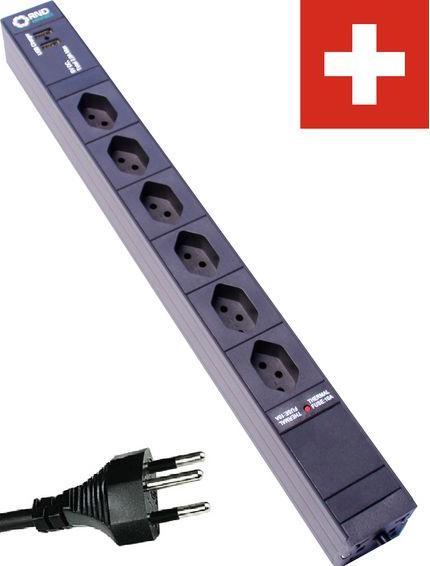 Actual product image RND Electronics PDU power strip with USB charger 6x Swiss socket type J (T13) - Swiss plug type J