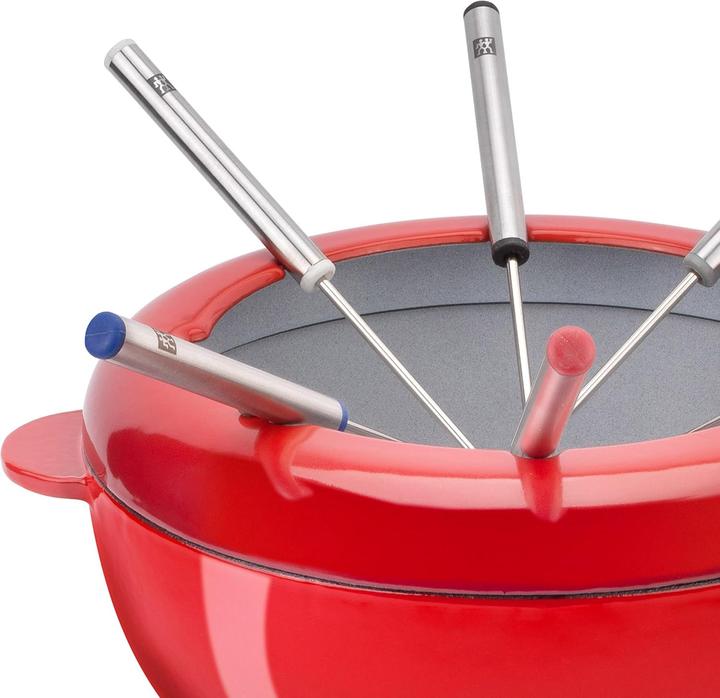 Produktbild Zwilling Fondue-Set aus Gusseisen 20 cm rot mit 6 Edelstahlgabeln (Käsefondue, Schokoladenfondue)